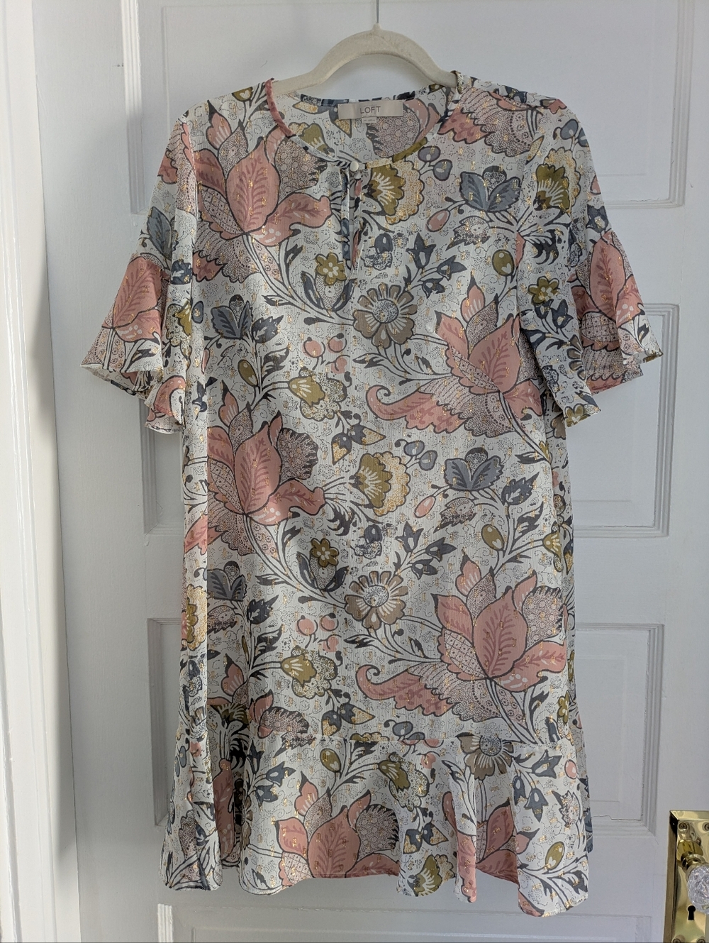 LOFT Pink and Gray Floral Ruffle-Sleeve Mini Dress